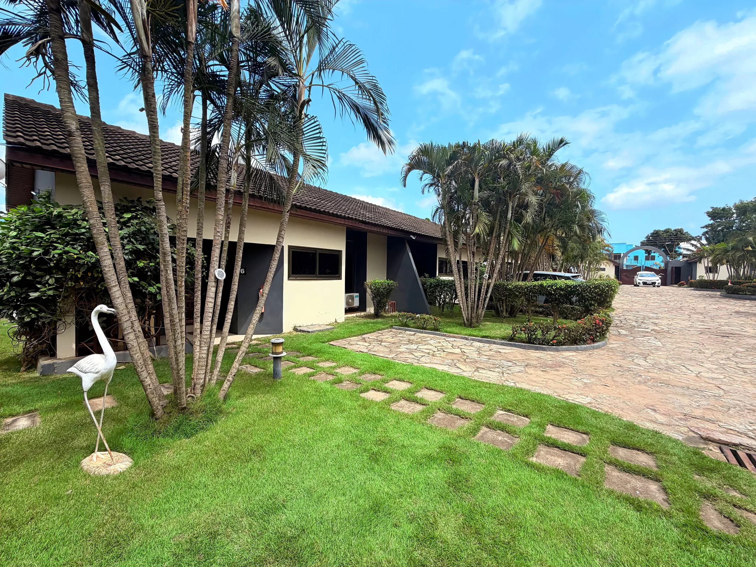 Stepping stones crossing the lawn between palms