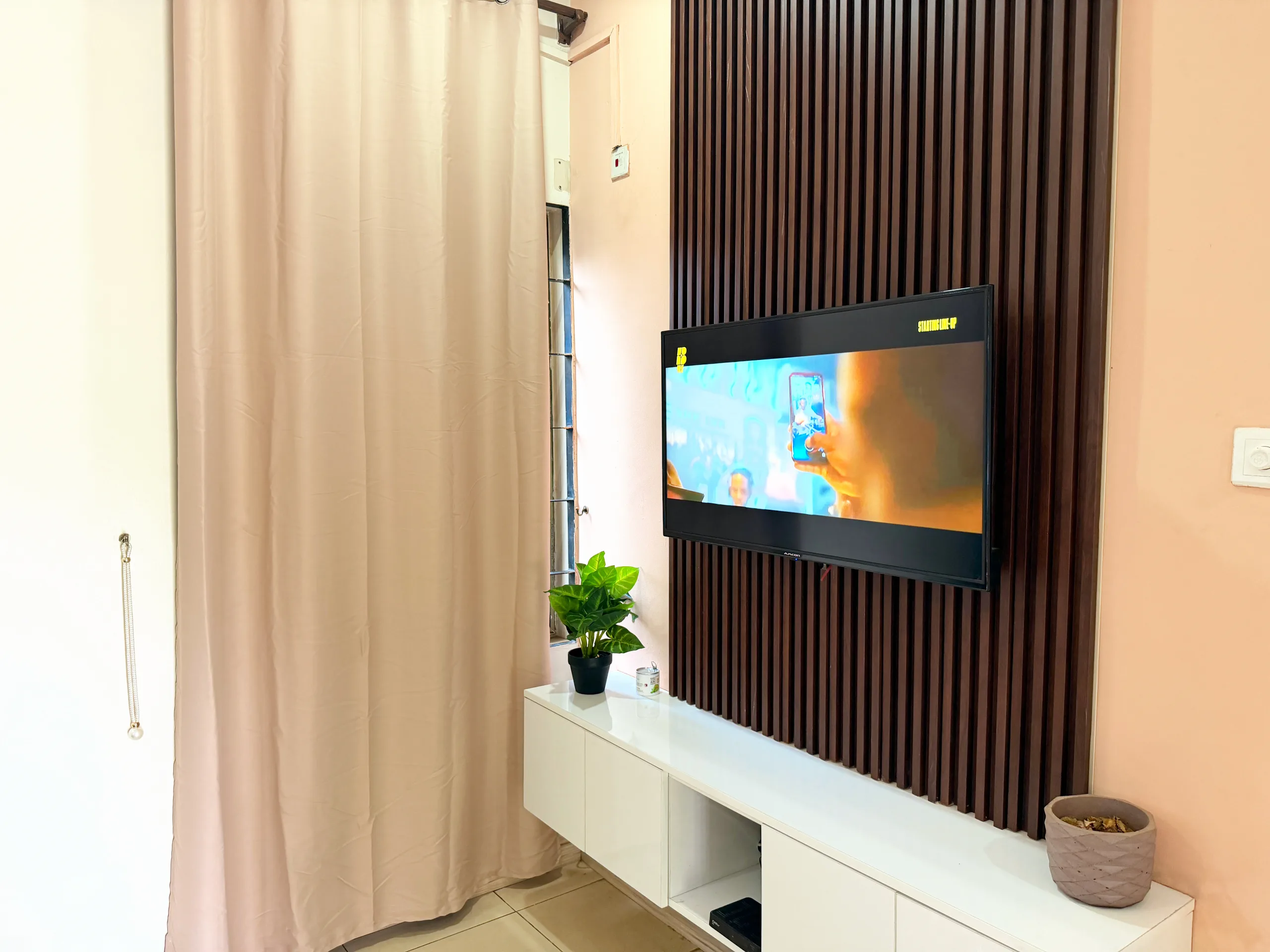 The television panel and planting in a living room
